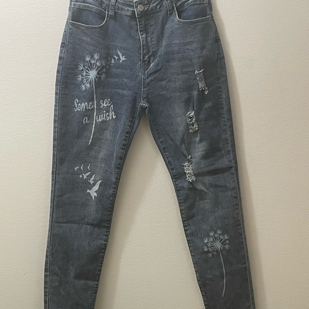 Brand new/ Dark Blue distressed Jeans with Dandelion Print